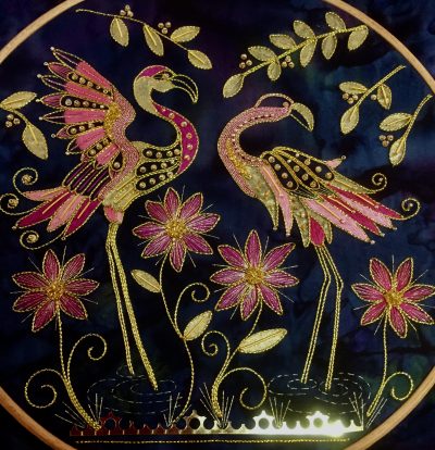 Gold work pink flamingo kit worked in 12″hoop