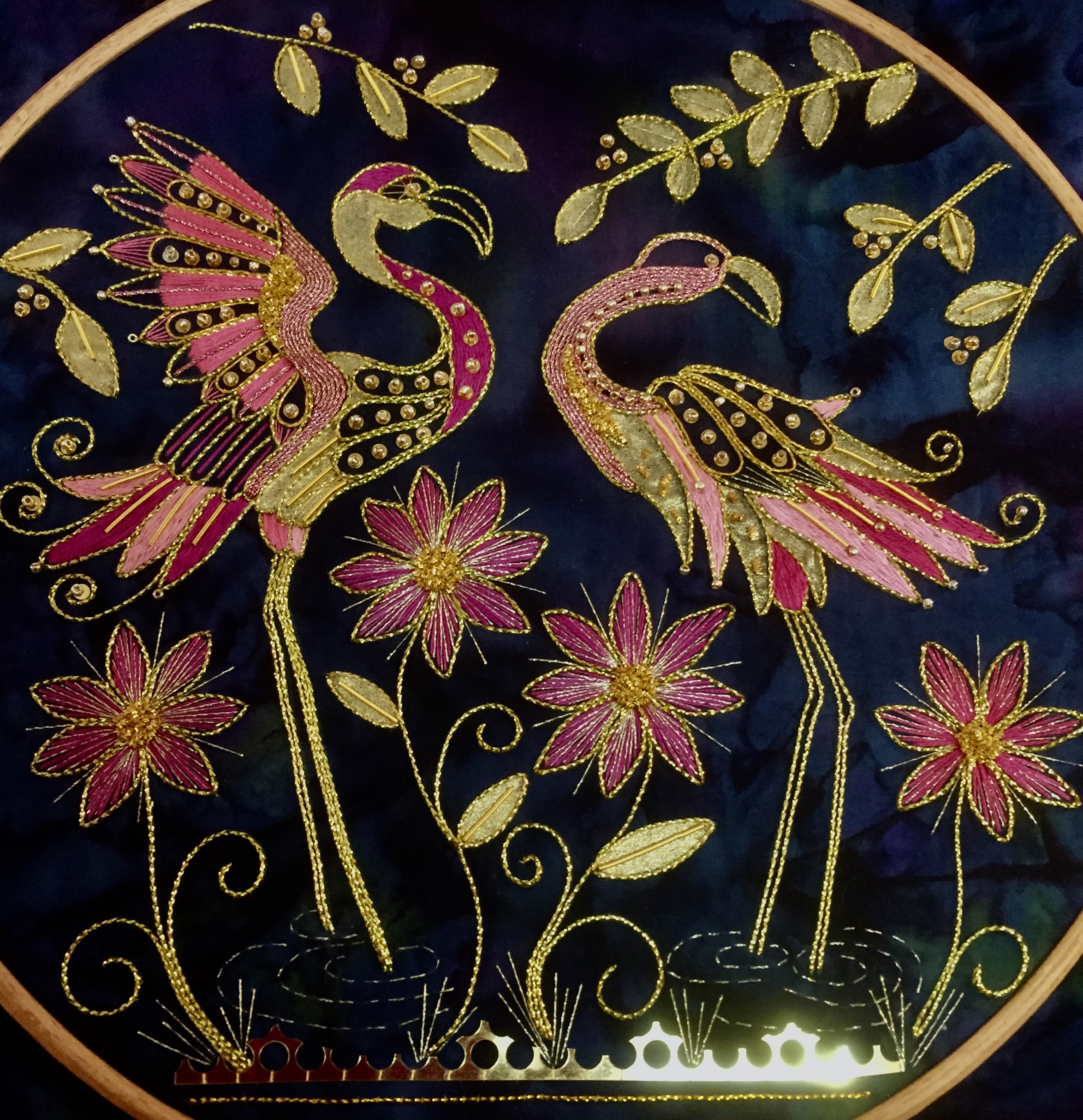 PInk Flamingos Goldwork