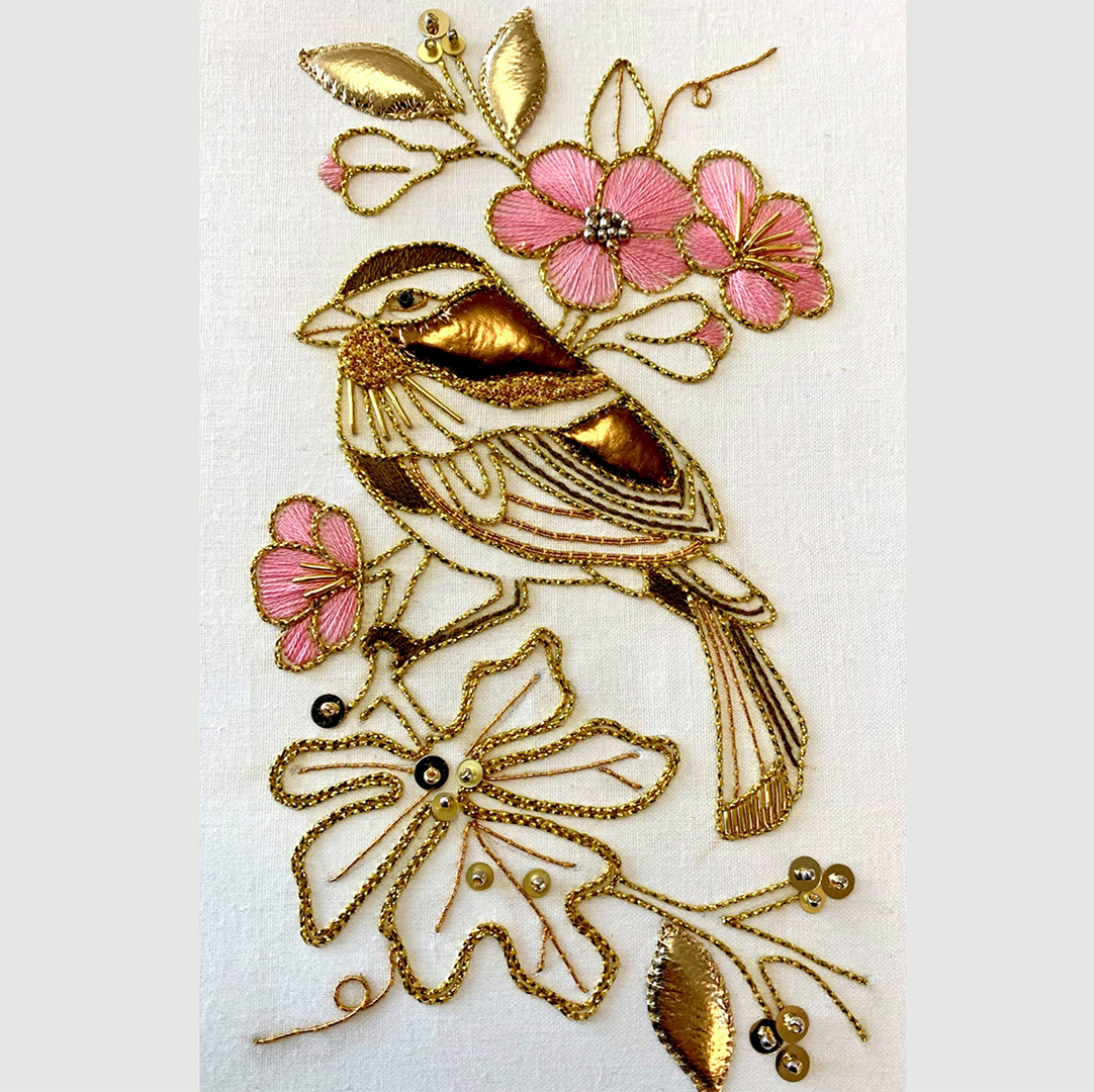 Goldwork embroidery of a Sparrow