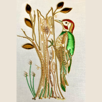 Goldwork woodpecker hammering on a tree